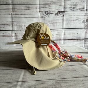 Sunblocker Adult Floppy Hat. Tan, one size fits most. Adjustable. Floral tie.